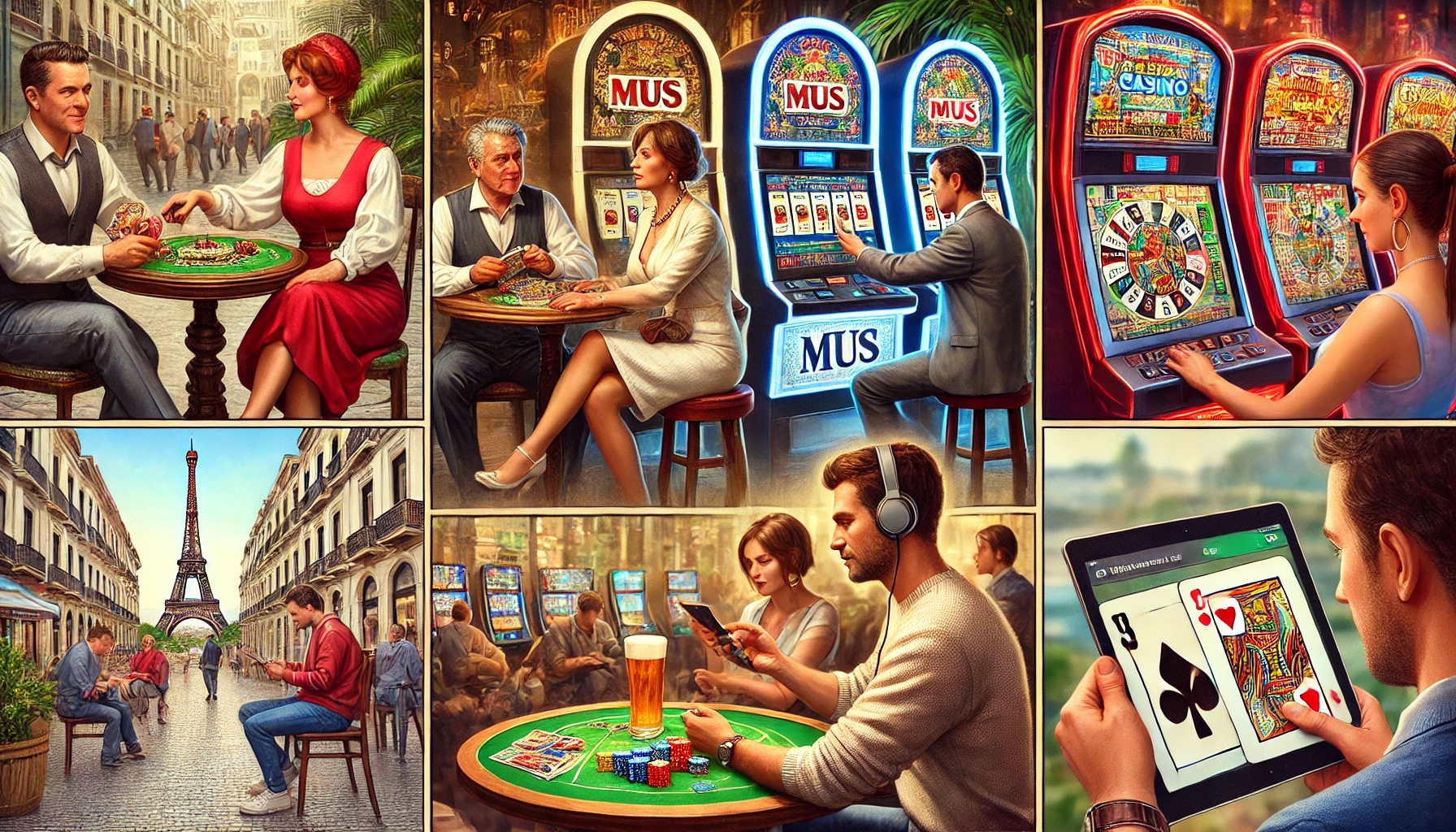 Variedad de actividades de juegos de azar en el País Vasco, desde el mus hasta el uso de dispositivos móviles para casinos online.